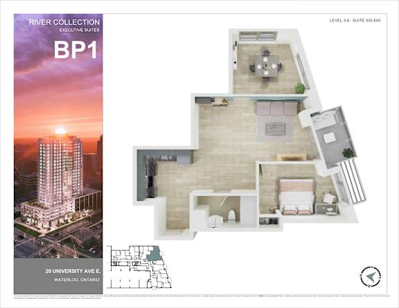 A brochure for River Collection Executive Suites BP1, a 3-bedroom suite located at 20 University Ave E, Waterloo, Ontario.
