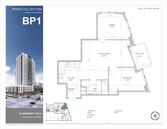 A blue and white image of a River Collection Executive Suite Floor Plan for a 20 University Ave E Waterloo, Ontario building.