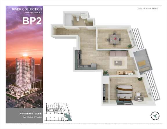 A brochure for River Collection Executive Suites shows a floor plan for a suite at the top of a building.