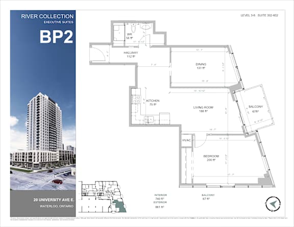 A floor plan for executive suites at River Collection, showing a bedroom, living room, kitchen, and bathroom.