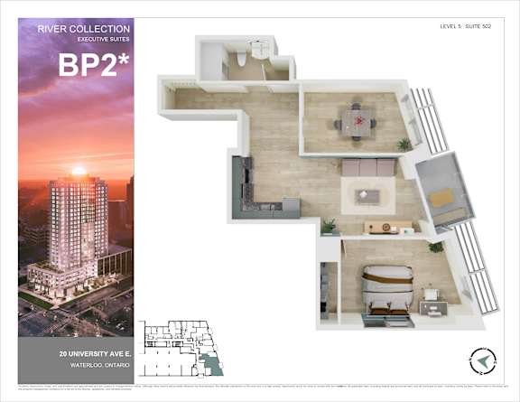 A brochure for River Collection Executive Suites shows a floor plan for Suite 502.
