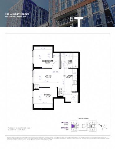 A floor plan for a suite at 239 Albert Street in Waterloo, Ontario is displayed.