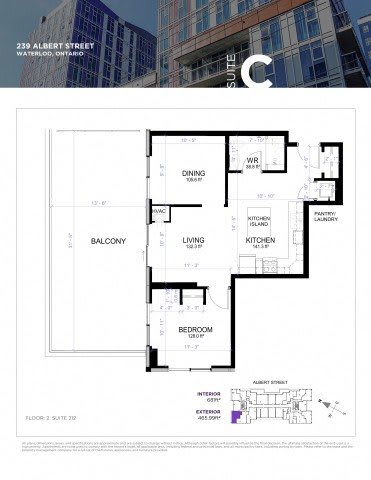 A floor plan for a suite at 239 Albert Street, Waterloo, Ontario.