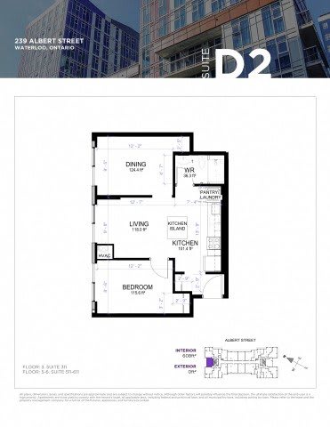 A floor plan for a suite at 239 Albert Street in Waterloo, Ontario.