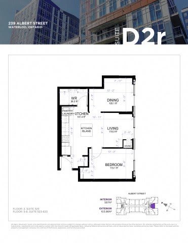 A floor plan for a D2r apartment on Albert Street in Waterloo, Ontario.