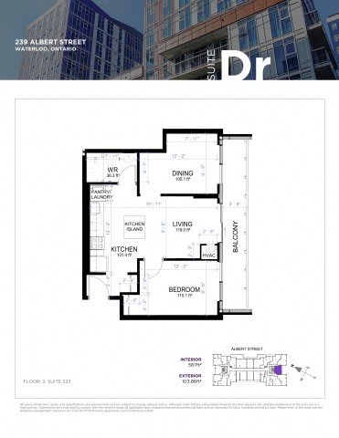 A floor plan for a 2 bedroom, 2 bathroom apartment at 239 Albert Street, Waterloo, Ontario.