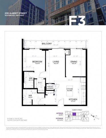 A floor plan for a condo suite at 239 Albert Street in Waterloo, Ontario.