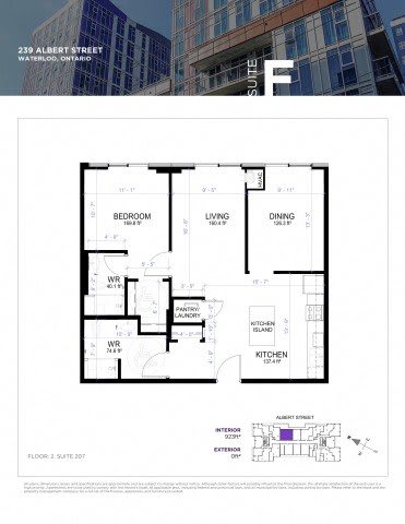 A floor plan for a 2 bedroom, 2 bathroom apartment at 239 Albert Street, Waterloo, Ontario.