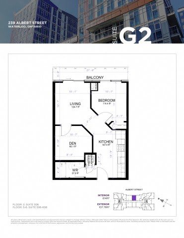 A floor plan for a suite at 239 Albert Street in Waterloo, Ontario.