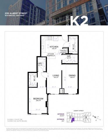 A floor plan for a suite at 239 Albert Street in Waterloo, Ontario.