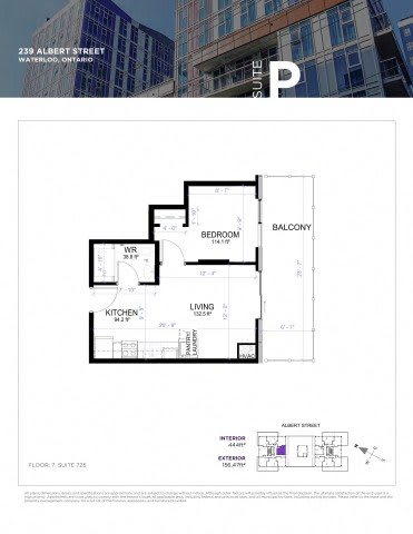 A floor plan for a suite at 239 Albert Street in Waterloo, Ontario is displayed.