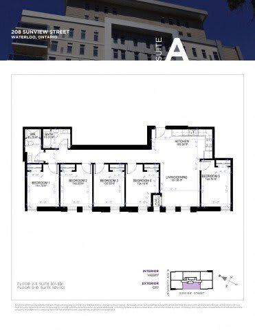 A floor plan for a suite at 208 Sunview Street in Waterloo, Ontario.