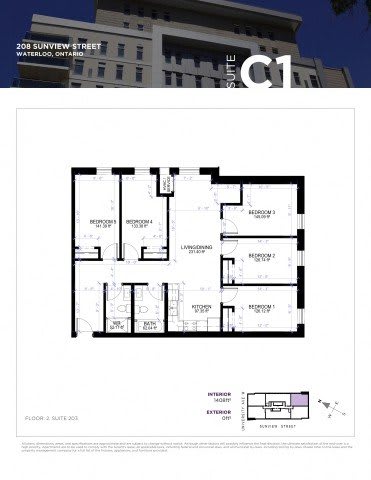 A floor plan for a suite at 208 Sunview Street in Waterloo, Ontario.
