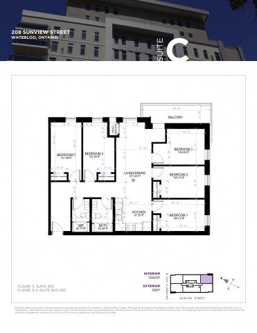 A floor plan for a suite at 208 Sunview Street in Waterloo, Ontario.