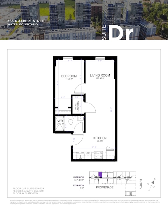 A floor plan for a suite at 365-6 Albert Street in Waterloo, Ontario, showing a bedroom, living room, kitchen, and bathroom.