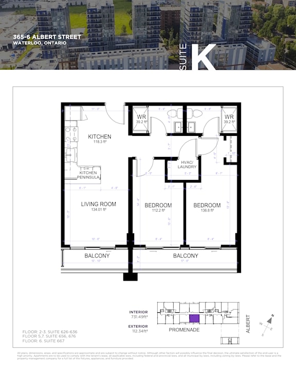 Floor plan for a suite at 365-6 Albert Street, Waterloo, Ontario.