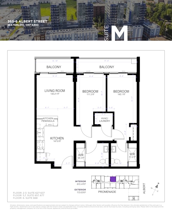 A floor plan for a suite in a building located at 365-6 Albert Street, Waterloo, Ontario.