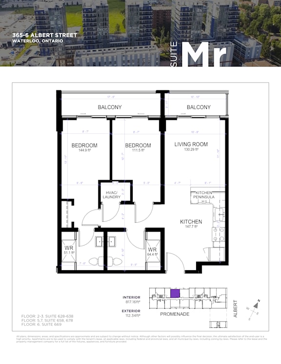 A floor plan for a suite at 365-6 Albert Street in Waterloo, Ontario.