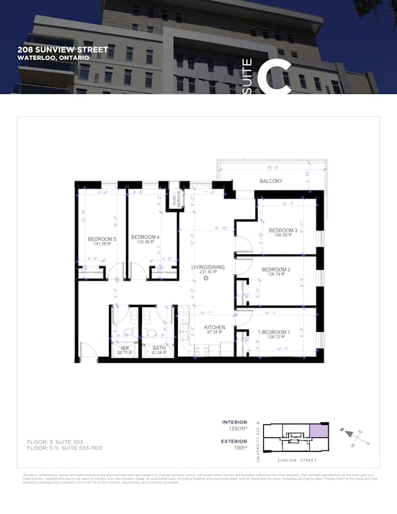 A floor plan for a suite at 208 Sunview Street in Waterloo, Ontario.