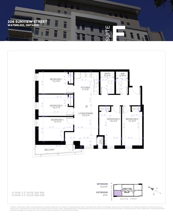 A floor plan for a suite at 208 Sunview Street in Waterloo, Ontario.