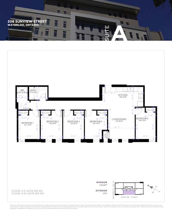 A floor plan for a suite at 208 Sunview Street in Waterloo, Ontario.