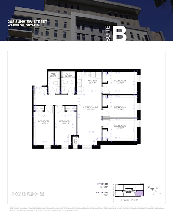 A floor plan for a suite at 208 Sunview Street in Waterloo, Ontario.