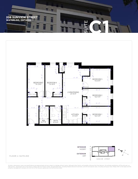 A floor plan for a suite in a building located at 208 Sunview Street, Waterloo, Ontario.