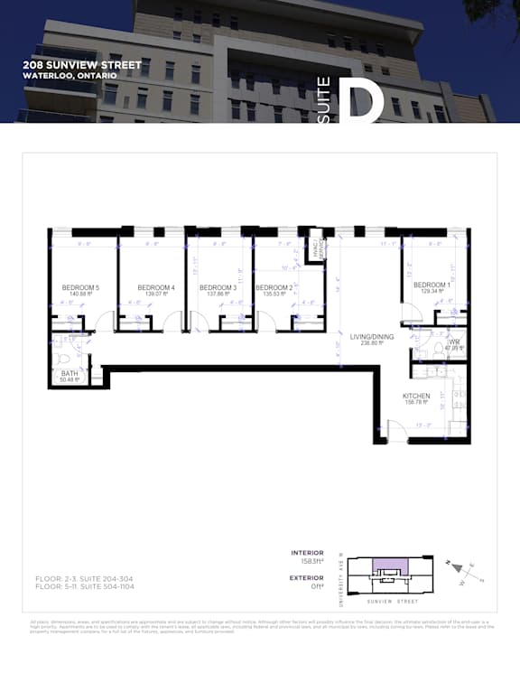 A floor plan for a suite at 208 Sunview Street in Waterloo, Ontario.