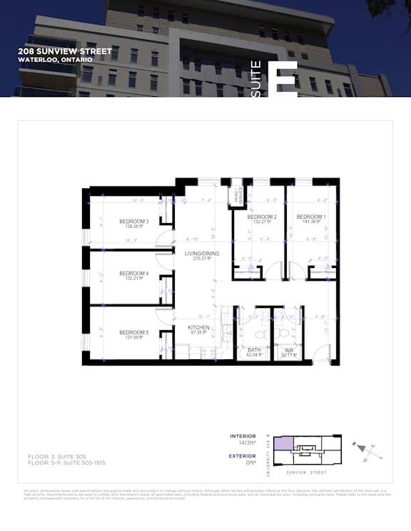 A floor plan for a suite at 208 Sunview Street in Waterloo, Ontario.