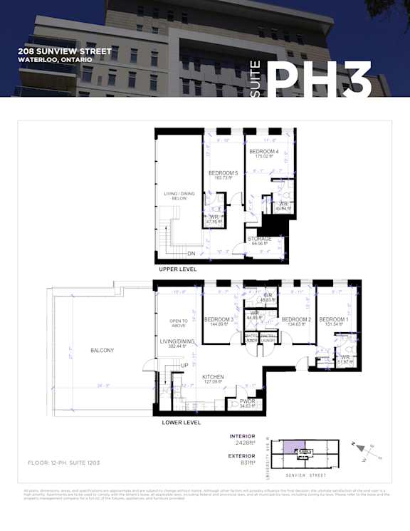 A floor plan for a suite at 208 Sunview Street in Waterloo, Ontario.