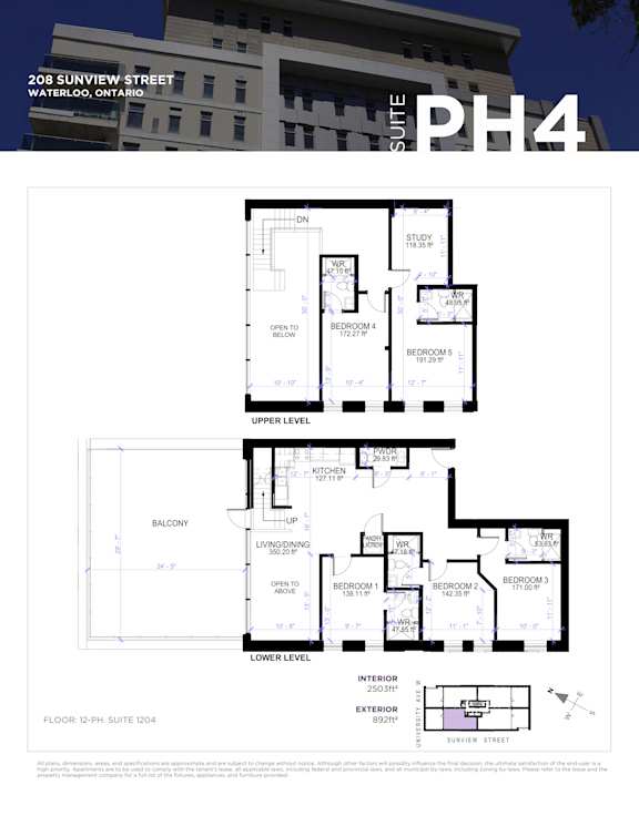 A floor plan for a suite at 208 Sunview Street in Waterloo, Ontario.