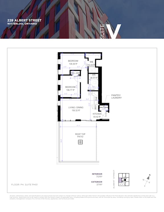 A floor plan for a suite at 228 Albert Street, Waterloo, Ontario is displayed.