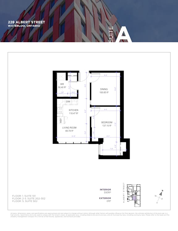 Floor plan for a suite at 228 Albert Street, Waterloo, Ontario.