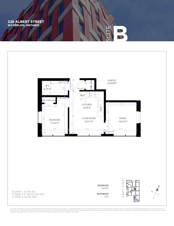 A floor plan for a suite at 228 Albert Street in Waterloo, Ontario is displayed.