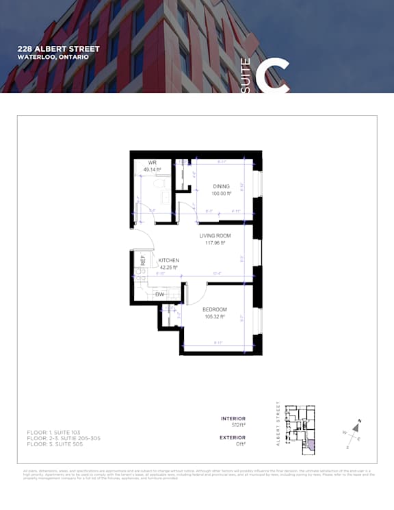A floor plan for a suite at 22B Albert Street, Waterloo, Ontario, showing the layout of the living room, kitchen, dining room, and bathroom.