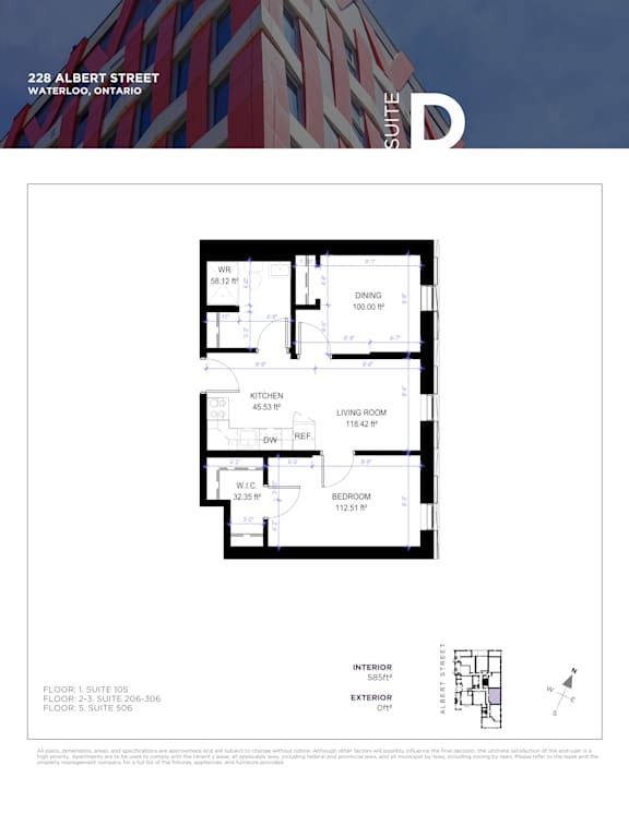 A floor plan for a condo at 228 Albert Street in Waterloo, Ontario.