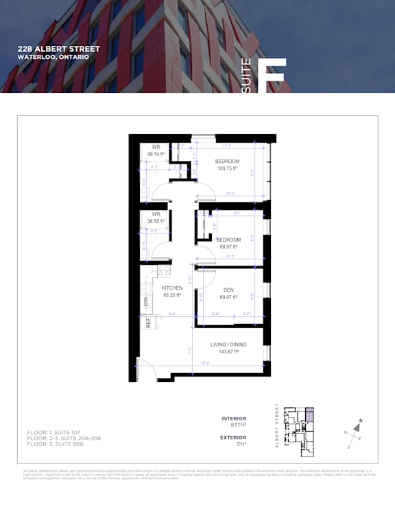 A floor plan for a suite at 228 Albert Street, Waterloo, Ontario, showing the layout of the bedroom, bathroom, kitchen, living/dining area, and exterior.