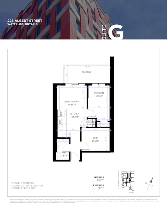 A floor plan for a suite at 228 Albert Street in Waterloo, Ontario.