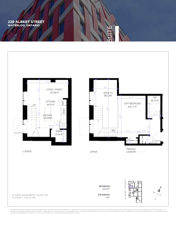 Floor plan for a condo at 228 Albert Street in Waterloo, Ontario.