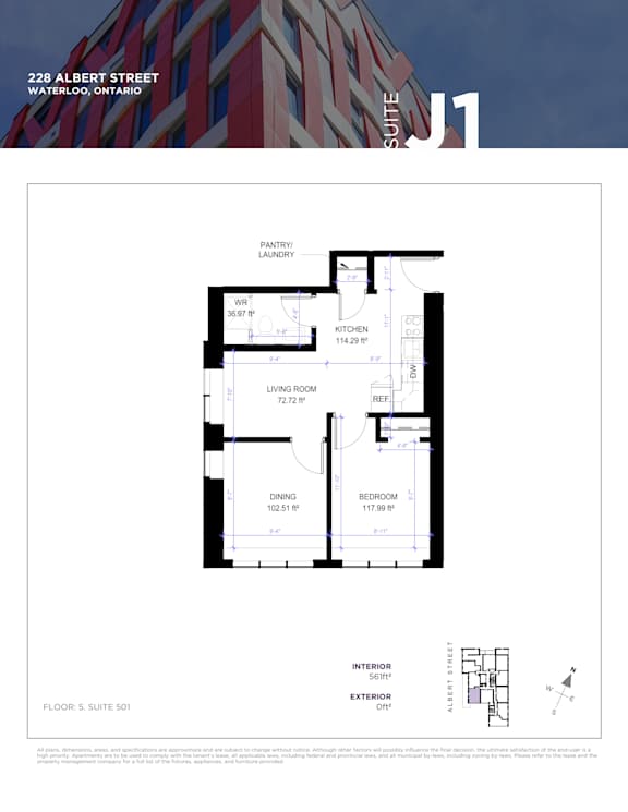 Floor plan for a suite in a building located at 22B Albert Street, Waterloo, Ontario.