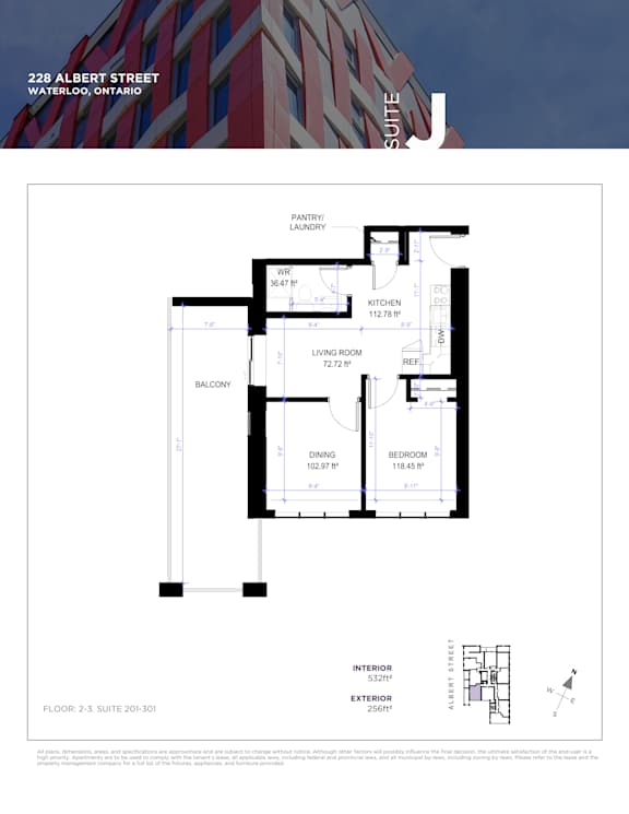 Floor plan for a suite at 22B Albert Street, Waterloo, Ontario.