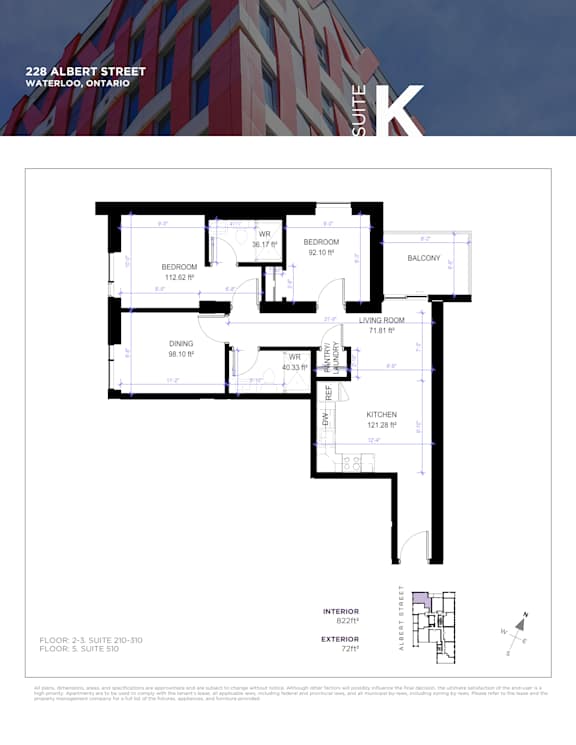 Floor plan for a condo at 228 Albert Street in Waterloo, Ontario.