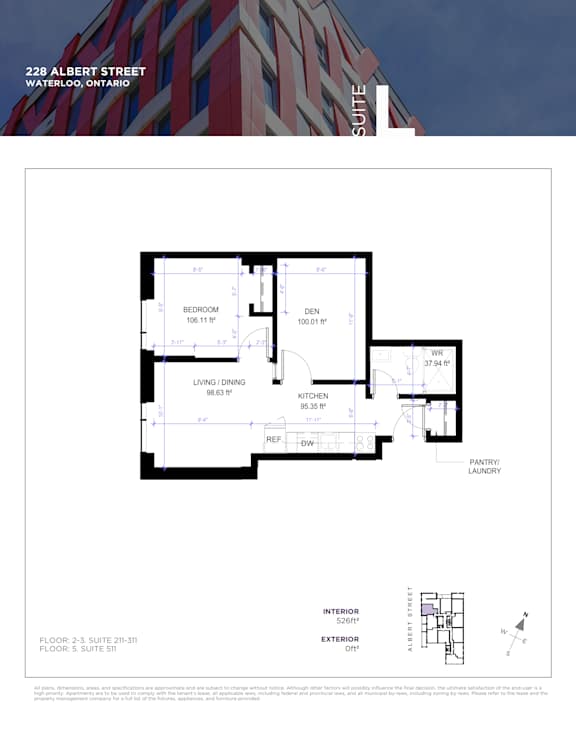 Floor plan for a suite at 228 Albert Street, Waterloo, Ontario.