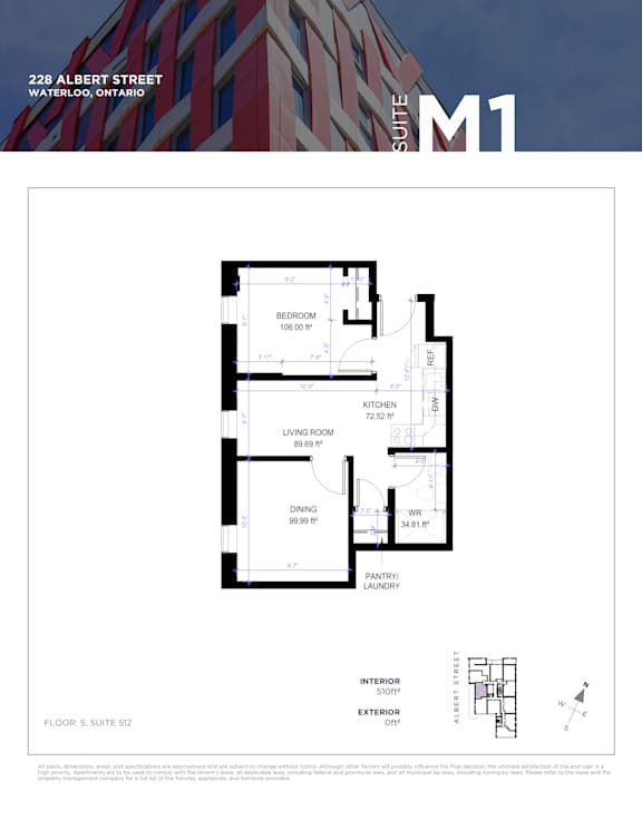 A floor plan for a suite at 228 Albert Street in Waterloo, Ontario.