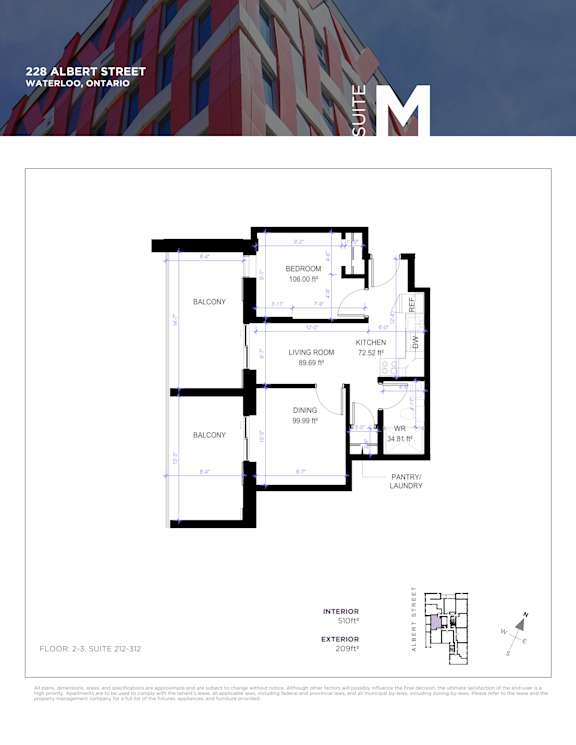 Floor plan for a suite at 228 Albert Street, Waterloo, Ontario.