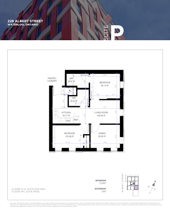 Floor plan for a suite at 228 Albert Street, Waterloo, Ontario.