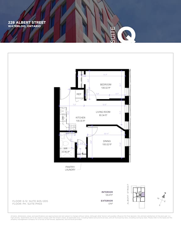 A floor plan for a suite at 22B Albert Street, Waterloo, Ontario, showing a bedroom, living room, dining area, and pantry.