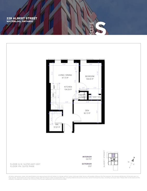 A floor plan for a suite at 228 Albert Street, Waterloo, Ontario.