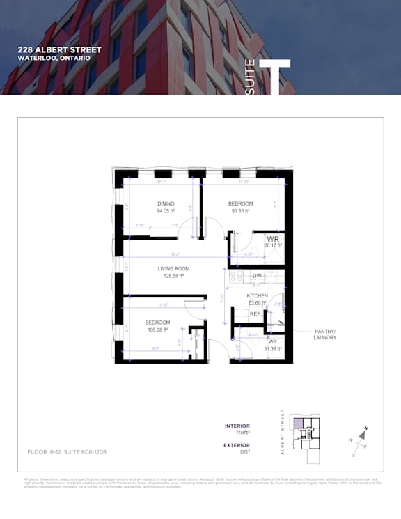 A floor plan for a suite at 228 Albert Street, Waterloo, Ontario, showing a living room, two bedrooms, a kitchen, and a pantry/laundry area.