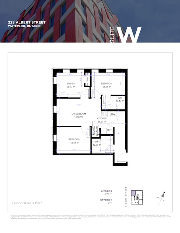 A floor plan for a suite at 228 Albert Street in Waterloo, Ontario, showing a living room, two bedrooms, a kitchen, and a bathroom.